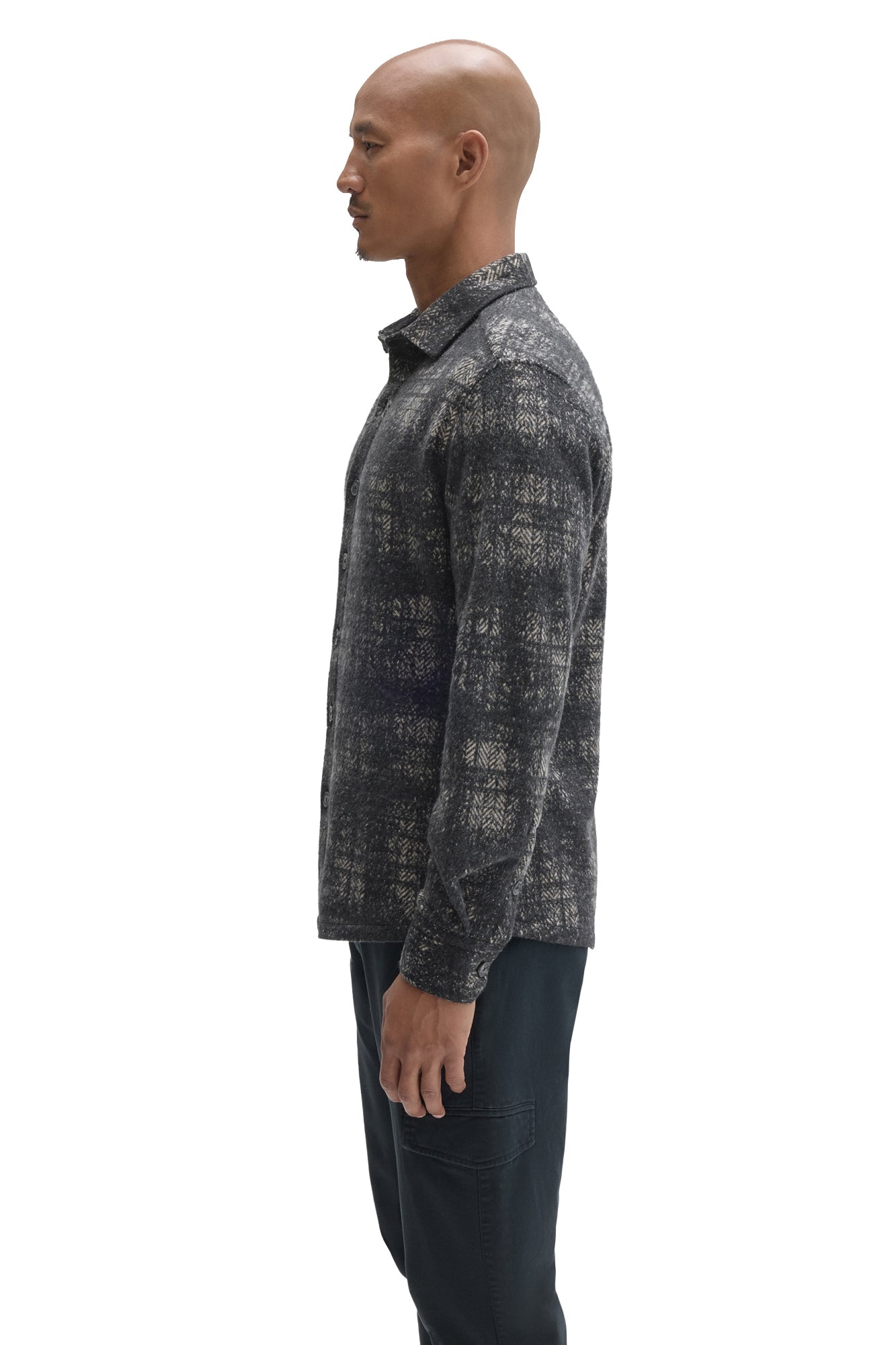 Robert Barakett men's charcoal plaid overshirt showing straight silhouette and button cuff, side view