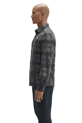 Robert Barakett men's charcoal plaid overshirt showing straight silhouette and button cuff, side view