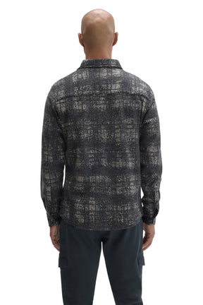 Robert Barakett men's charcoal plaid overshirt showing collar, back yoke seam, and button cuffs, back view