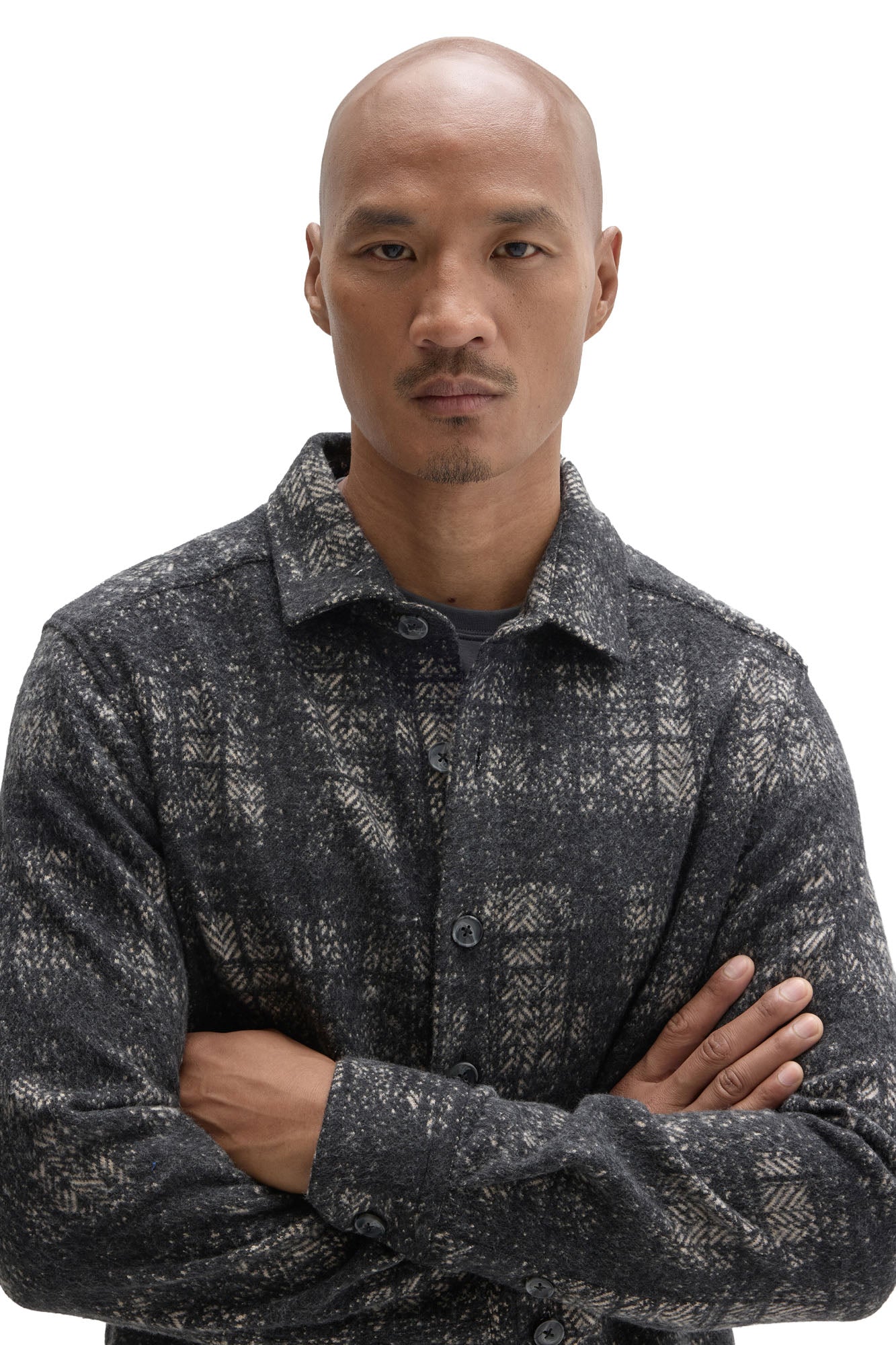 Men's close front view of charcoal plaid overshirt showing collar, buttons, and brushed texture by Robert Barakett