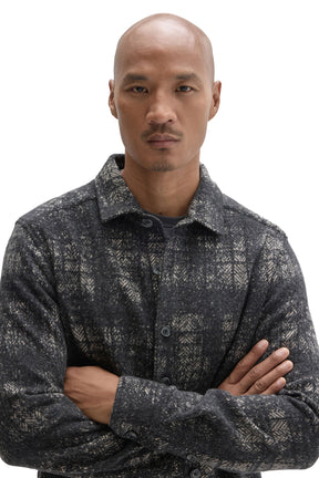 Men's close front view of charcoal plaid overshirt showing collar, buttons, and brushed texture by Robert Barakett
