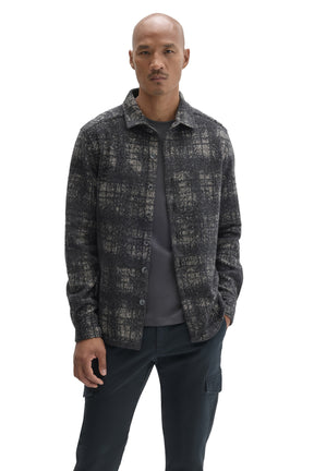 Robert Barakett men's charcoal plaid button-front overshirt with collar and long sleeves, front view
