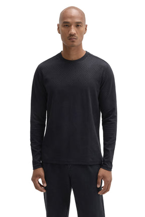 Robert Barakett men's black long sleeve crew neck T-Shirt with tonal raised geometric texture, front view