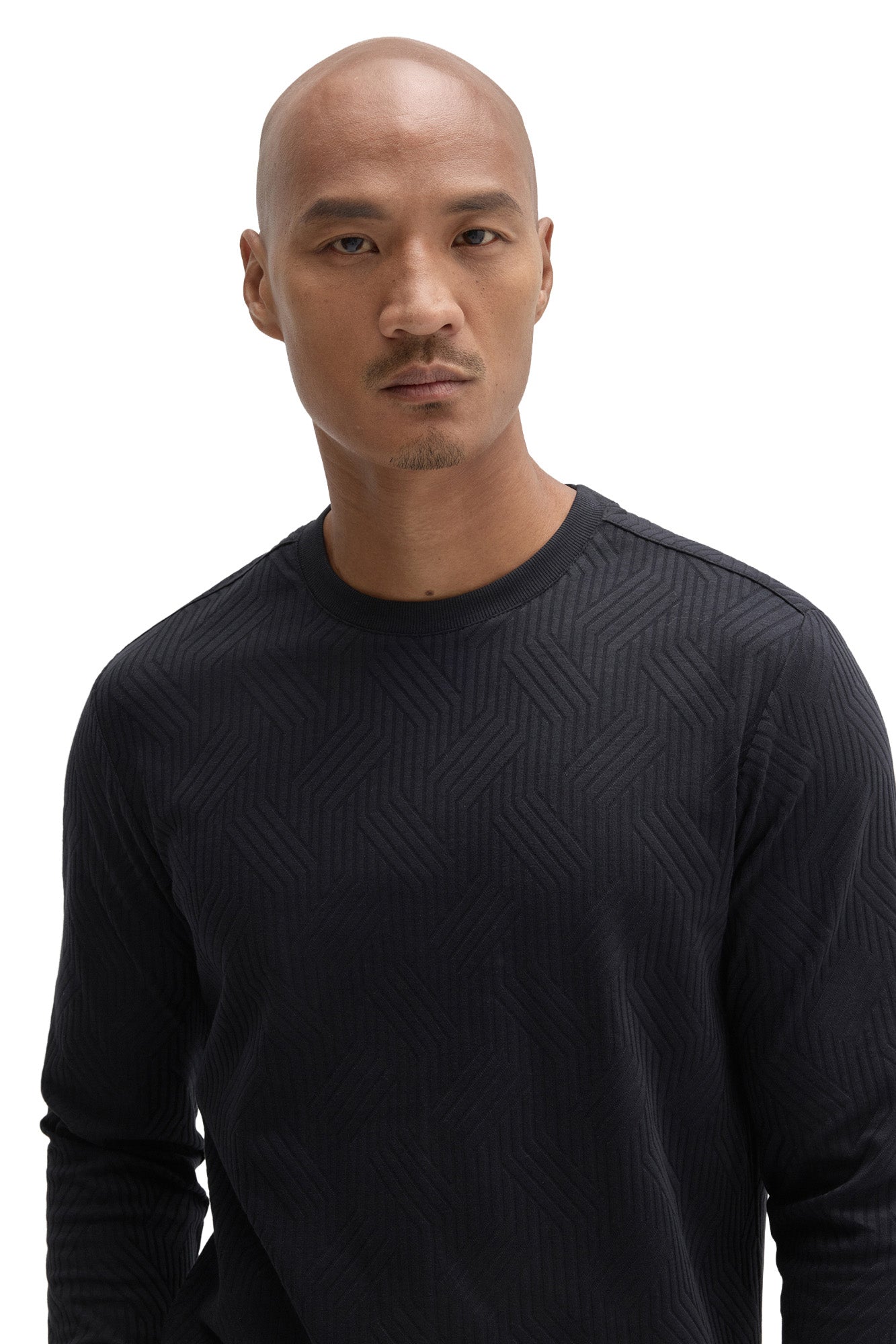 Men's close front view of black crew neck Long-sleeve T-Shirt showing ribbed collar by Robert Barakett