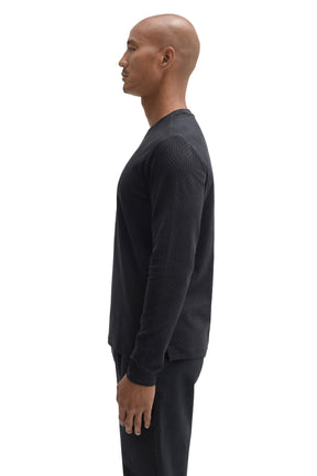 Robert Barakett men's black long sleeve crew neck T-Shirt with tonal geometric rib texture, side view