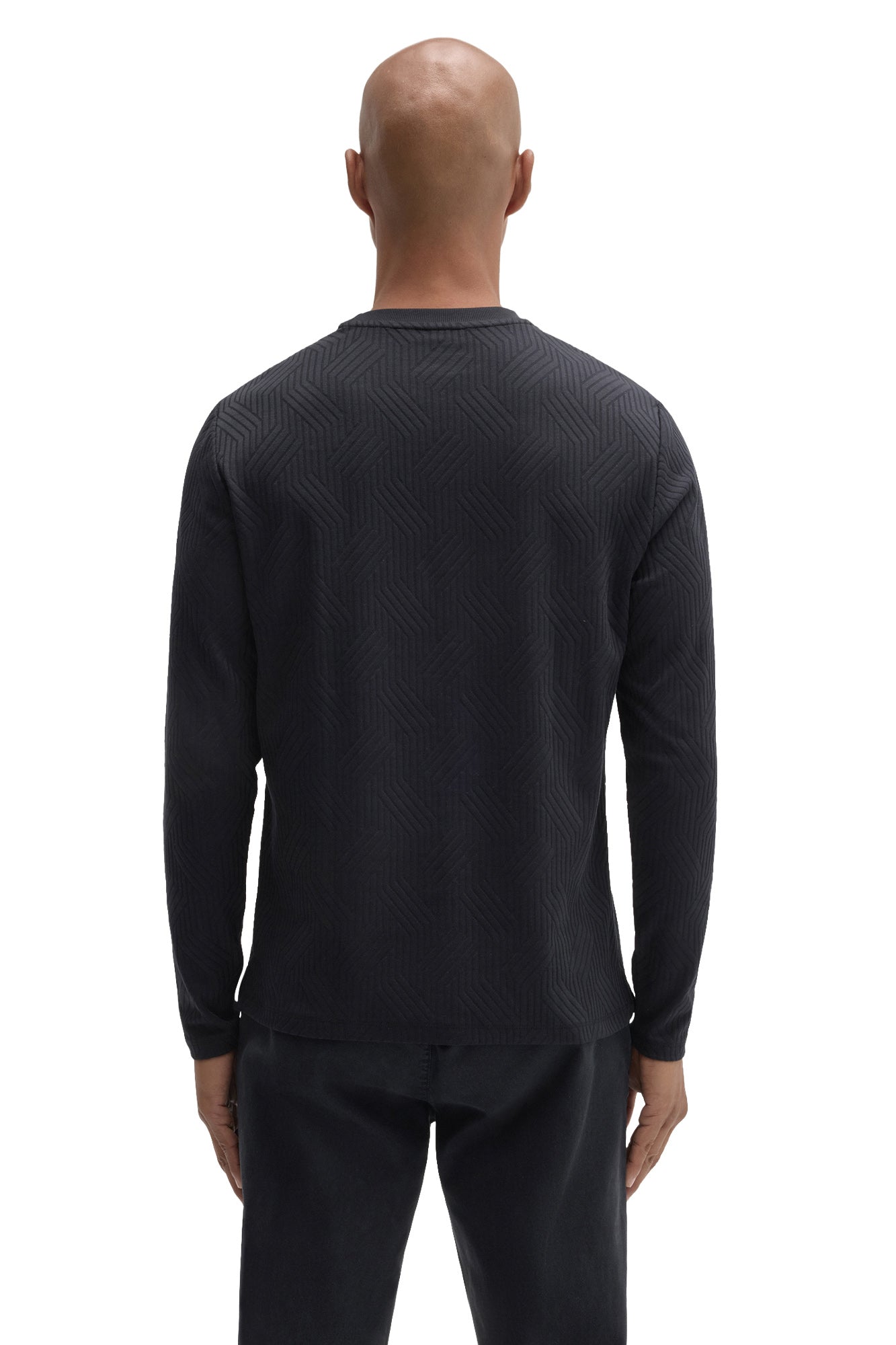 Robert Barakett men's black long sleeve crew neck T-Shirt with tonal raised geometric texture, back view