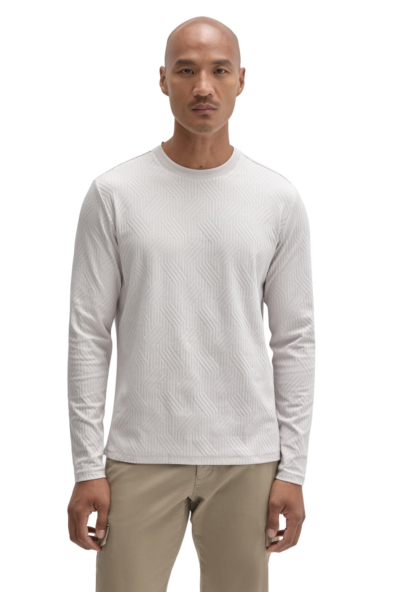 Robert Barakett men's light gray long sleeve crew neck T-Shirt with raised geometric texture, front view