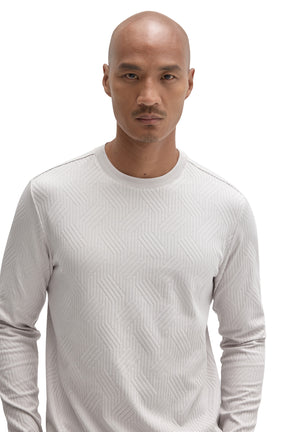 Robert Barakett men's light gray crew neck Long-sleeve T-Shirt showing raised geometric texture, close-up