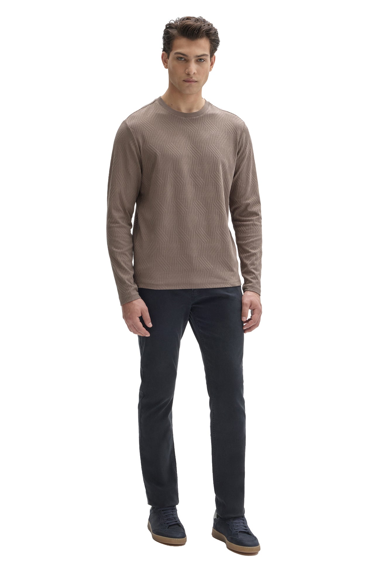 Robert Barakett men's full front view of taupe long sleeve crewneck T-Shirt with allover geometric texture