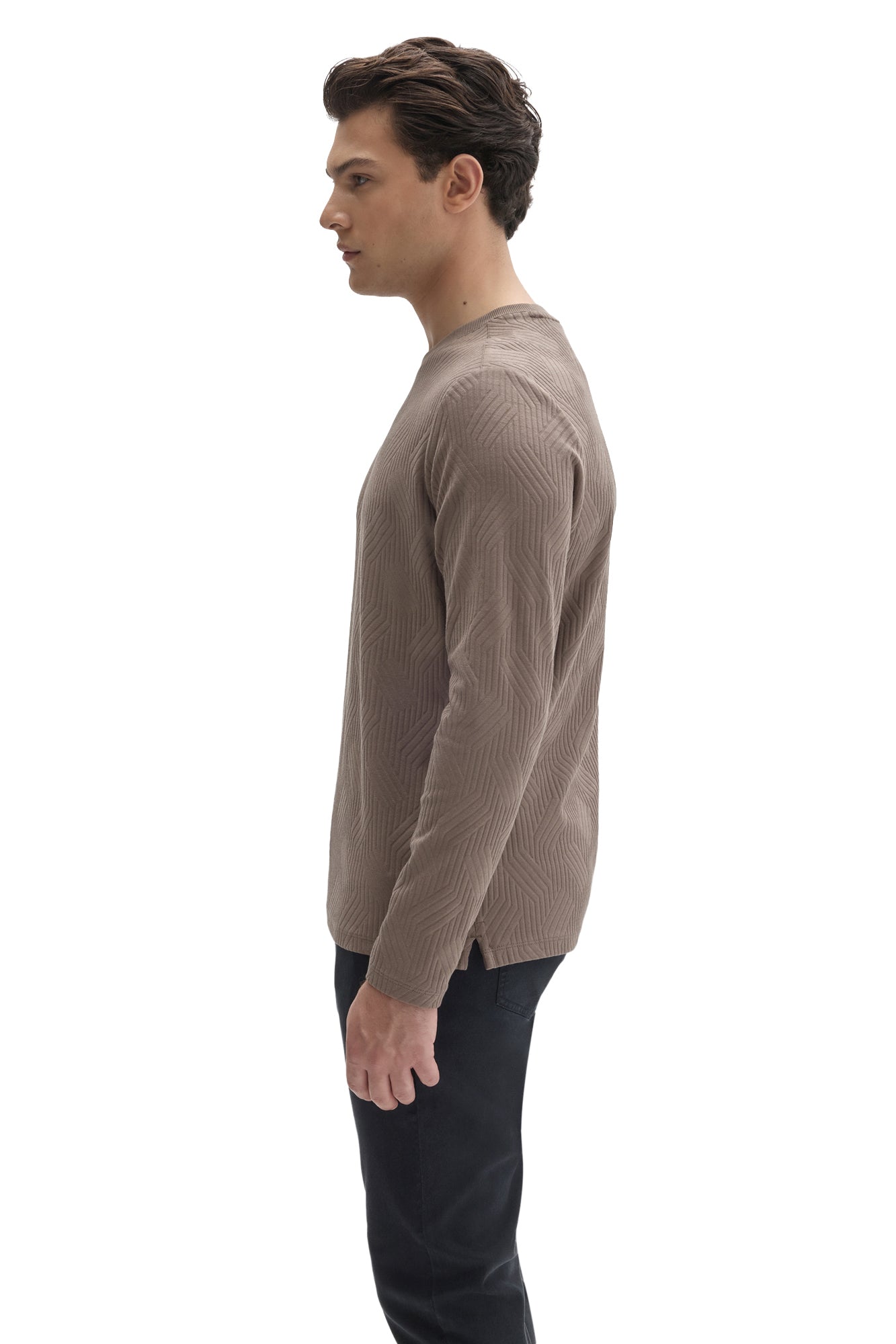 Robert Barakett men's taupe long sleeve crewneck T-Shirt with textured pattern and small side vent, side view