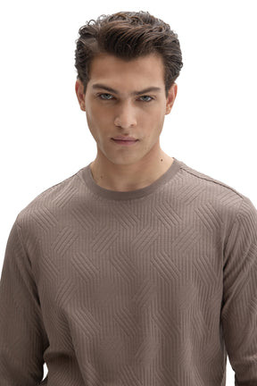 Robert Barakett men's taupe crewneck long sleeve T-Shirt with raised geometric texture on the chest, close-up