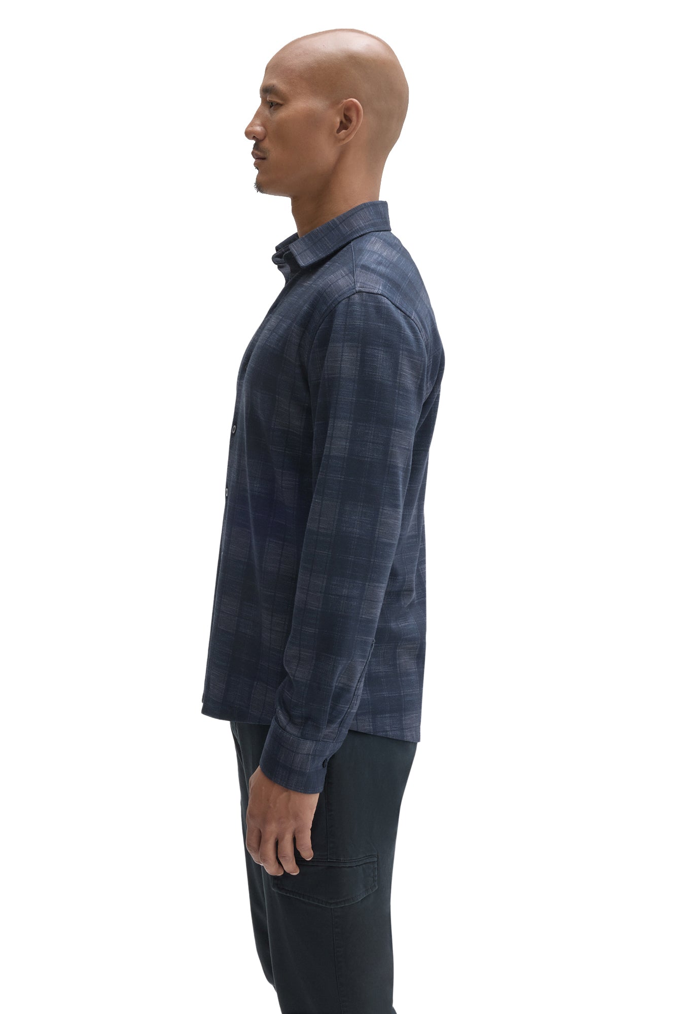 Robert Barakett men's navy plaid long sleeve overshirt showing collar, shoulder seam, and button cuff, side view