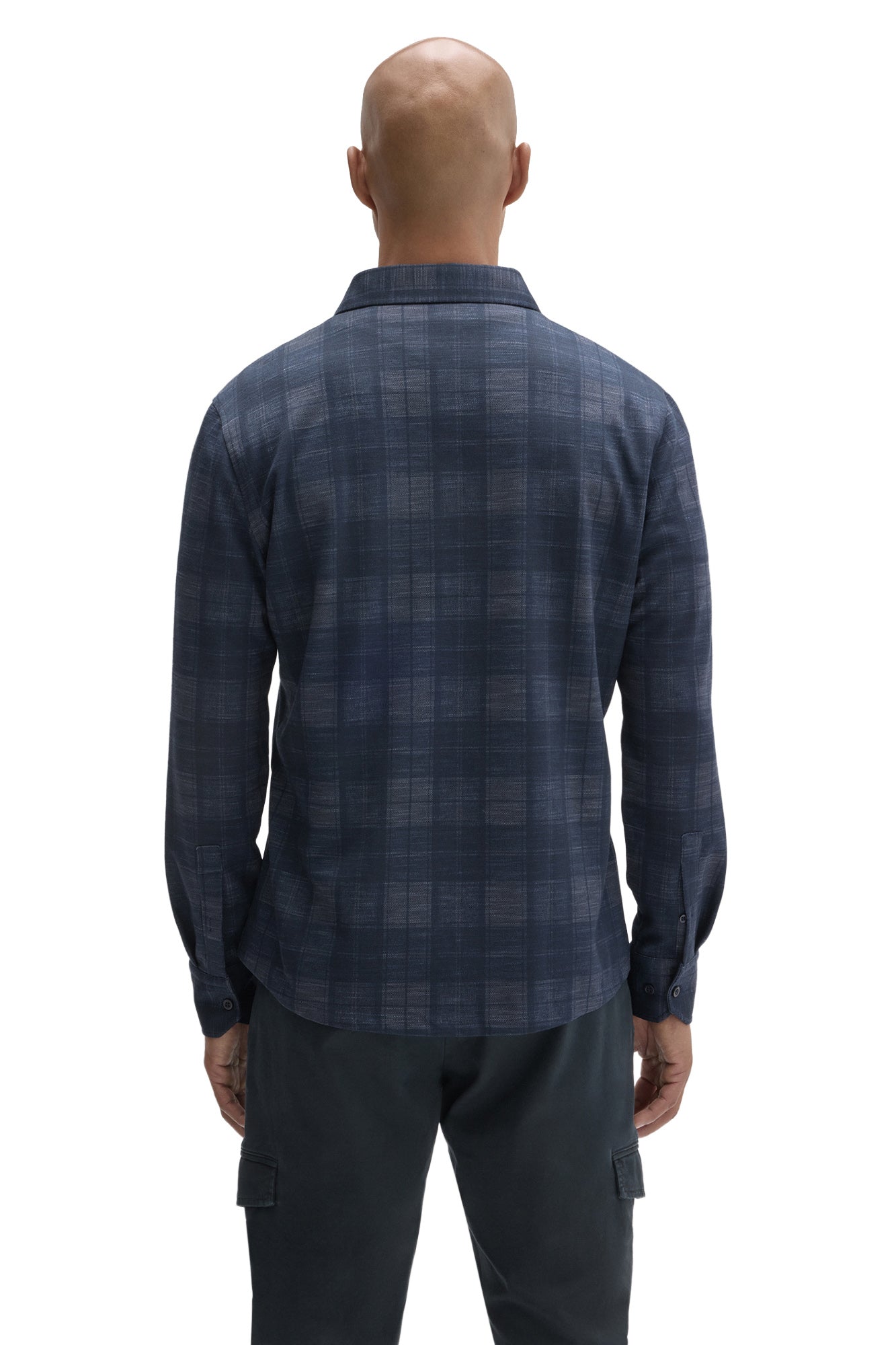 Robert Barakett men's navy plaid long sleeve overshirt with collar, yoke seam, and button cuffs shown from the back