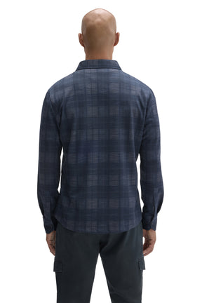 Robert Barakett men's navy plaid long sleeve overshirt with collar, yoke seam, and button cuffs shown from the back