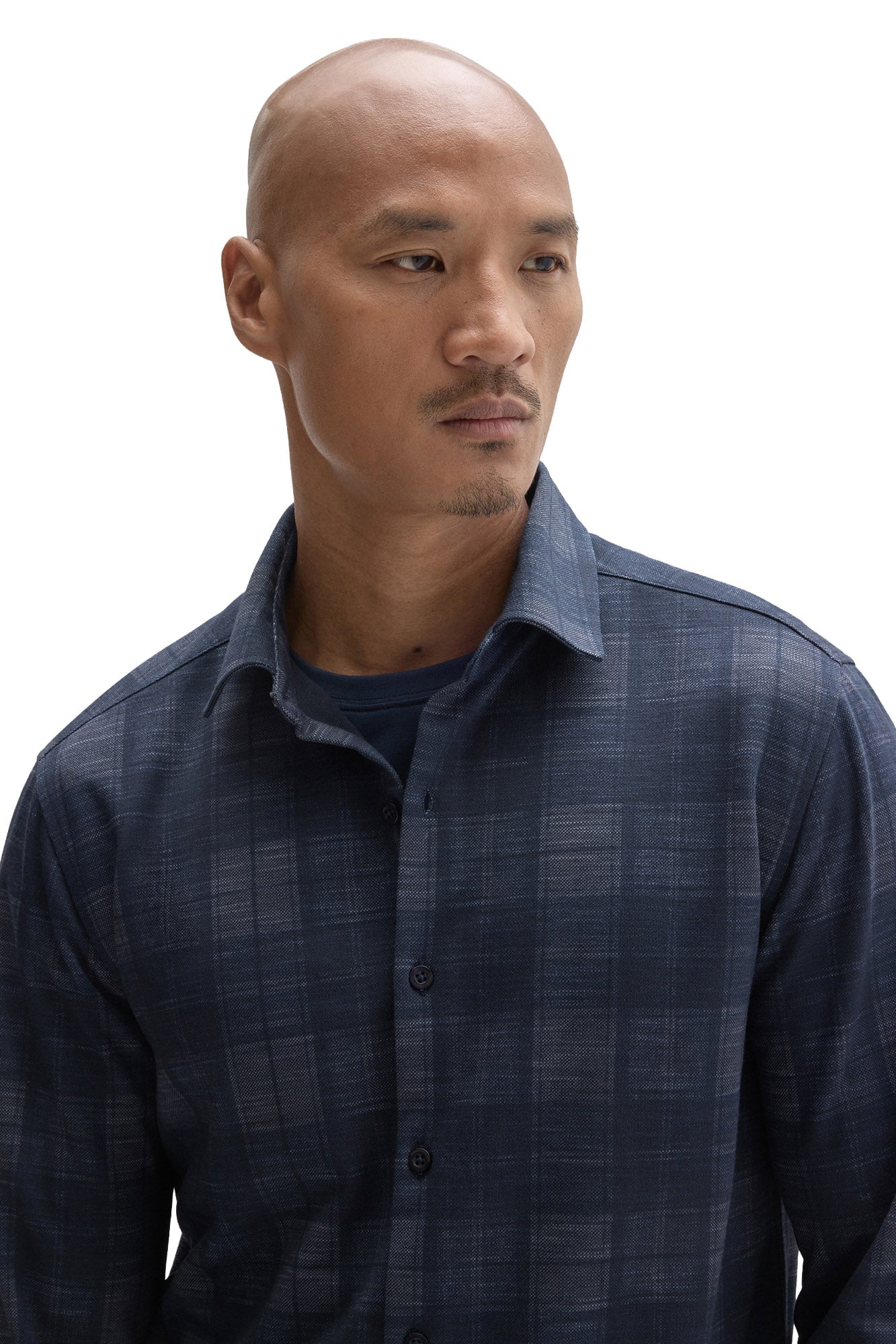 Robert Barakett men's navy plaid overshirt showing spread collar, front buttons, and textured fabric, close-up