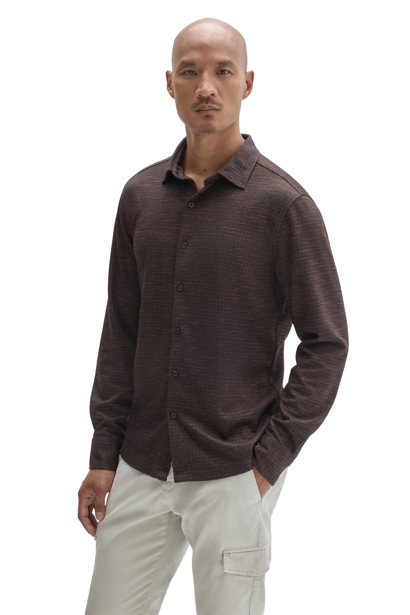 Robert Barakett men's dark brown long sleeve button-up shirt with pointed collar and fine grid texture, front view
