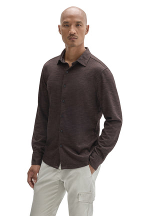 Robert Barakett men's dark brown long sleeve button-up shirt with pointed collar and fine grid texture, front view