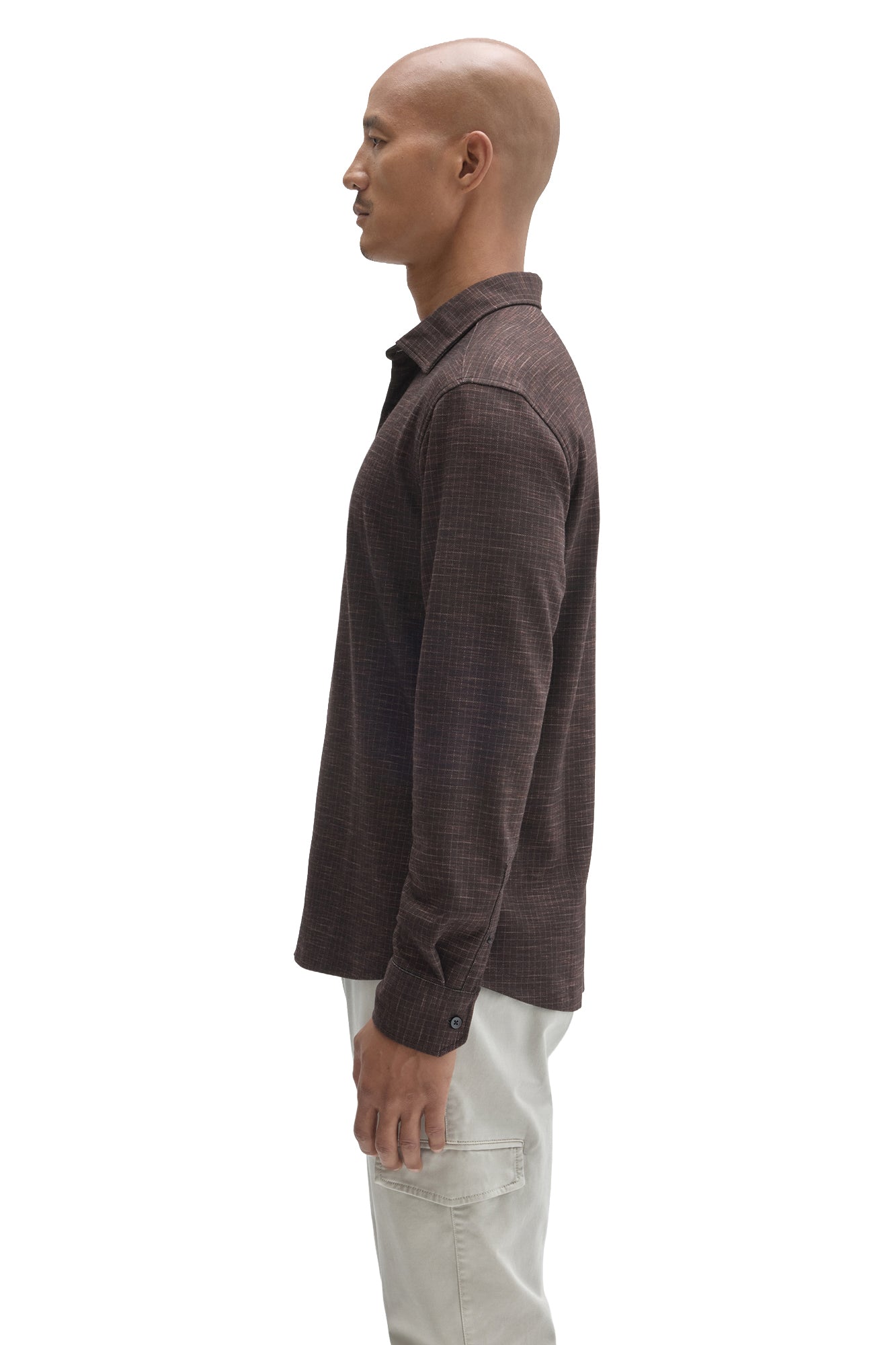 Robert Barakett men's dark brown long sleeve button-up shirt showing collar, shoulder seam and cuff button, side view