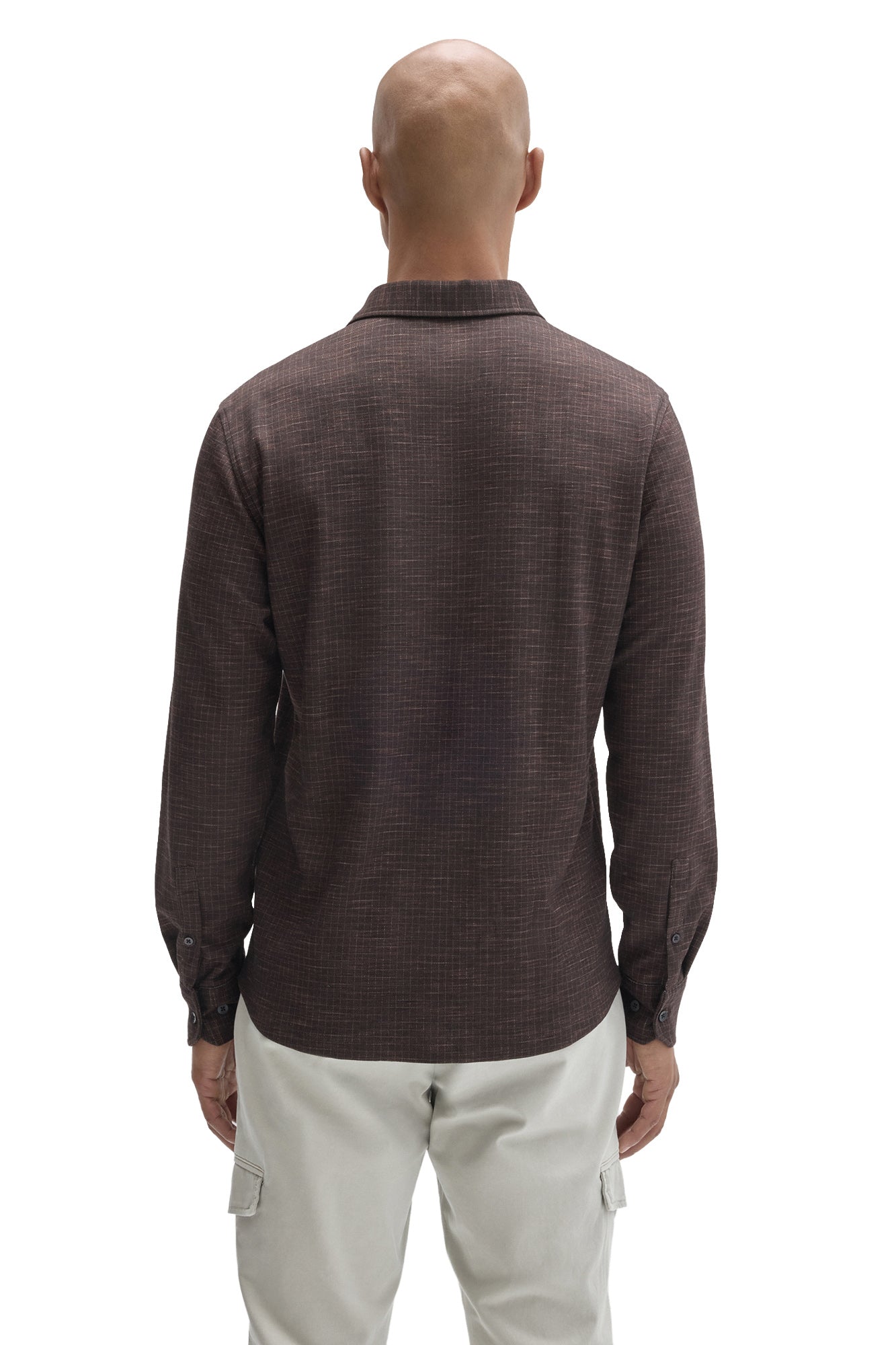 Robert Barakett men's dark brown long sleeve button-up shirt with fine grid texture and button cuffs shown from the back