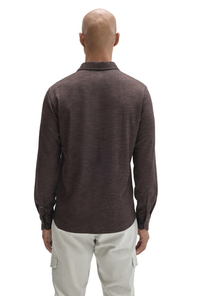 Robert Barakett men's dark brown long sleeve button-up shirt with fine grid texture and button cuffs shown from the back