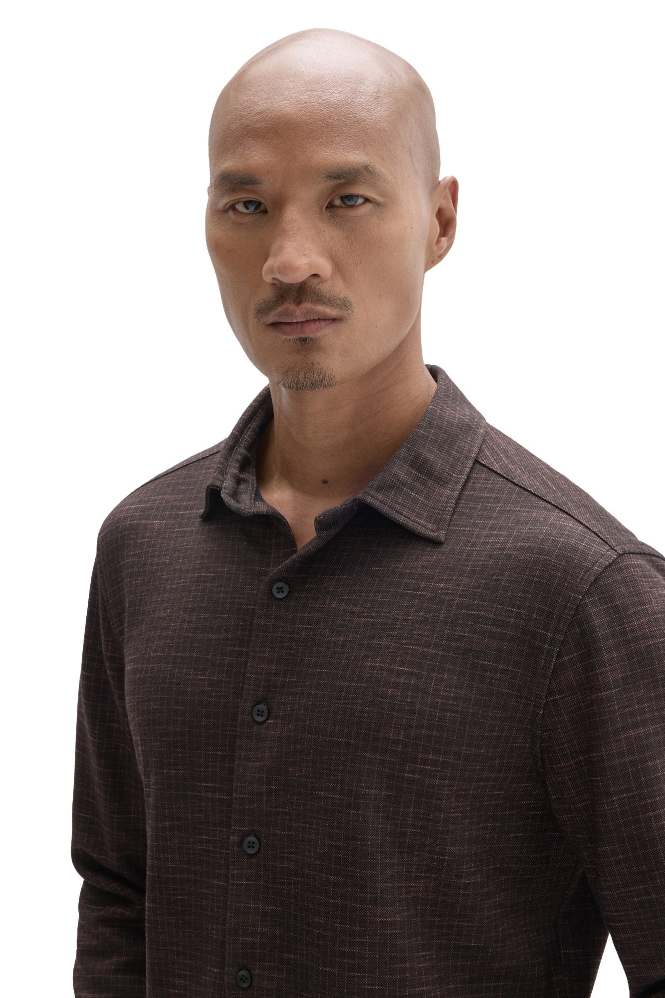 Robert Barakett men's dark brown long-sleeve shirt showing pointed collar, dark buttons and textured grid fabric, close view