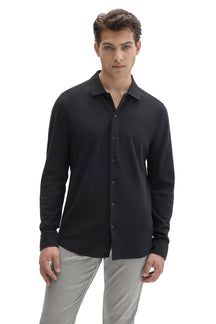 Front view of men's black knit long sleeve shirt with ribbed collar and full button closure by Robert Barakett
