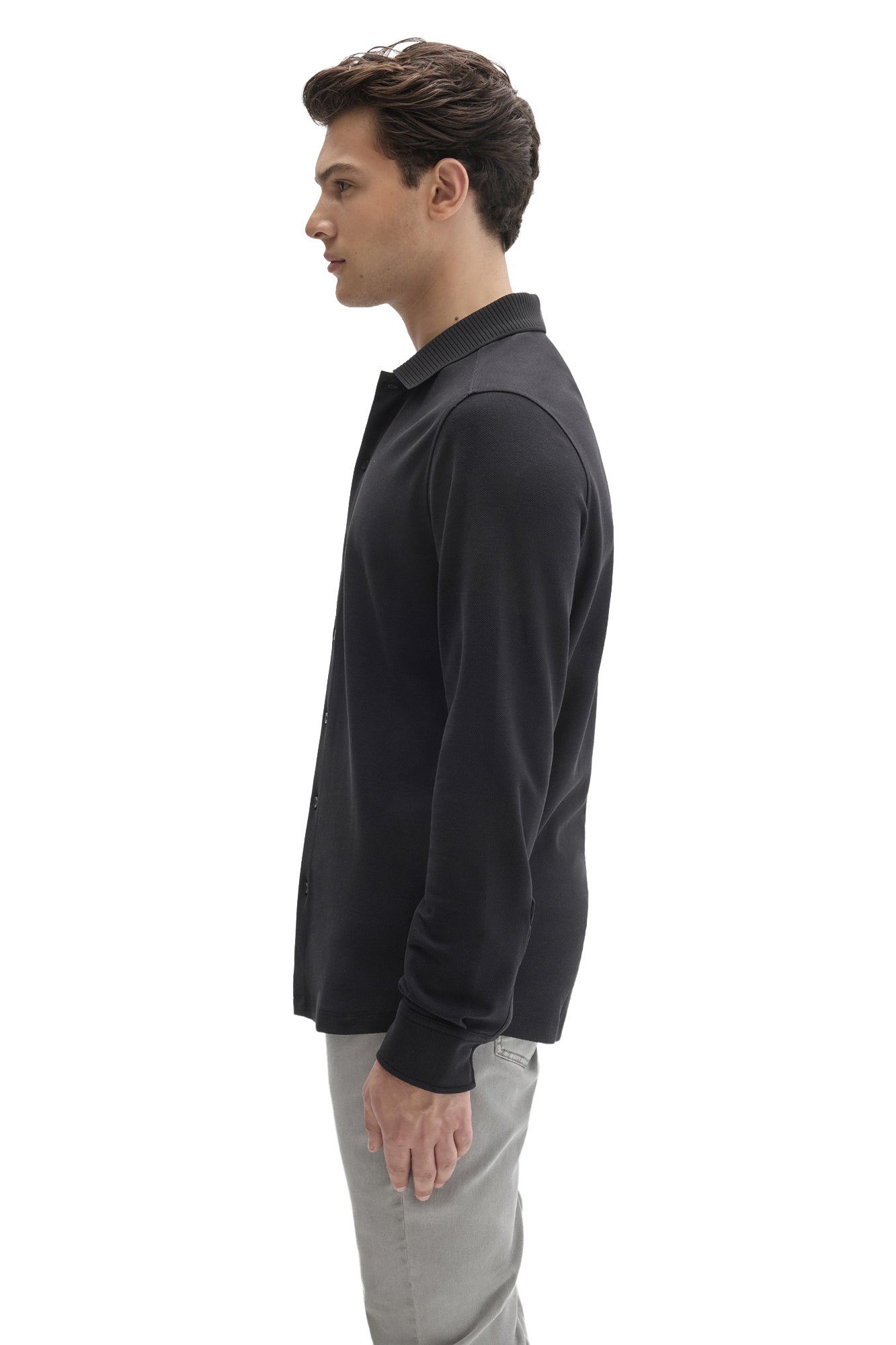 Robert Barakett men's black knit button-front long-sleeve shirt showing ribbed collar, side view