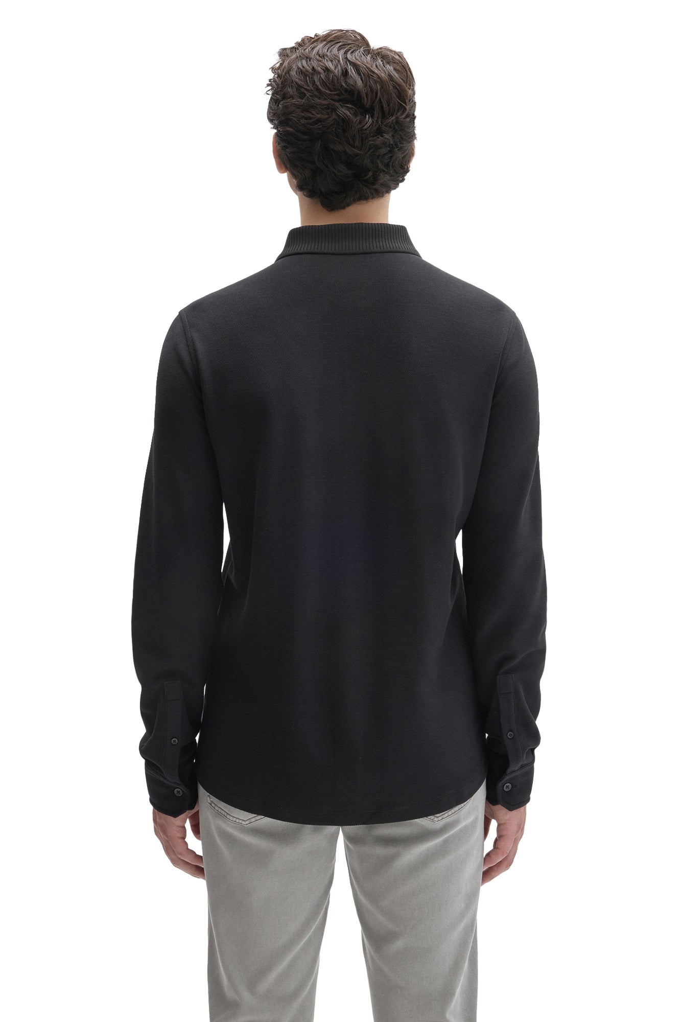 Robert Barakett men's black knit long sleeve shirt with ribbed collar and buttoned cuffs shown from the back
