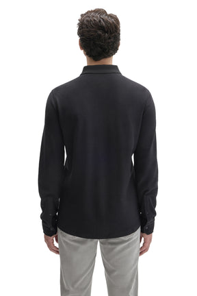 Robert Barakett men's black knit long sleeve shirt with ribbed collar and buttoned cuffs shown from the back