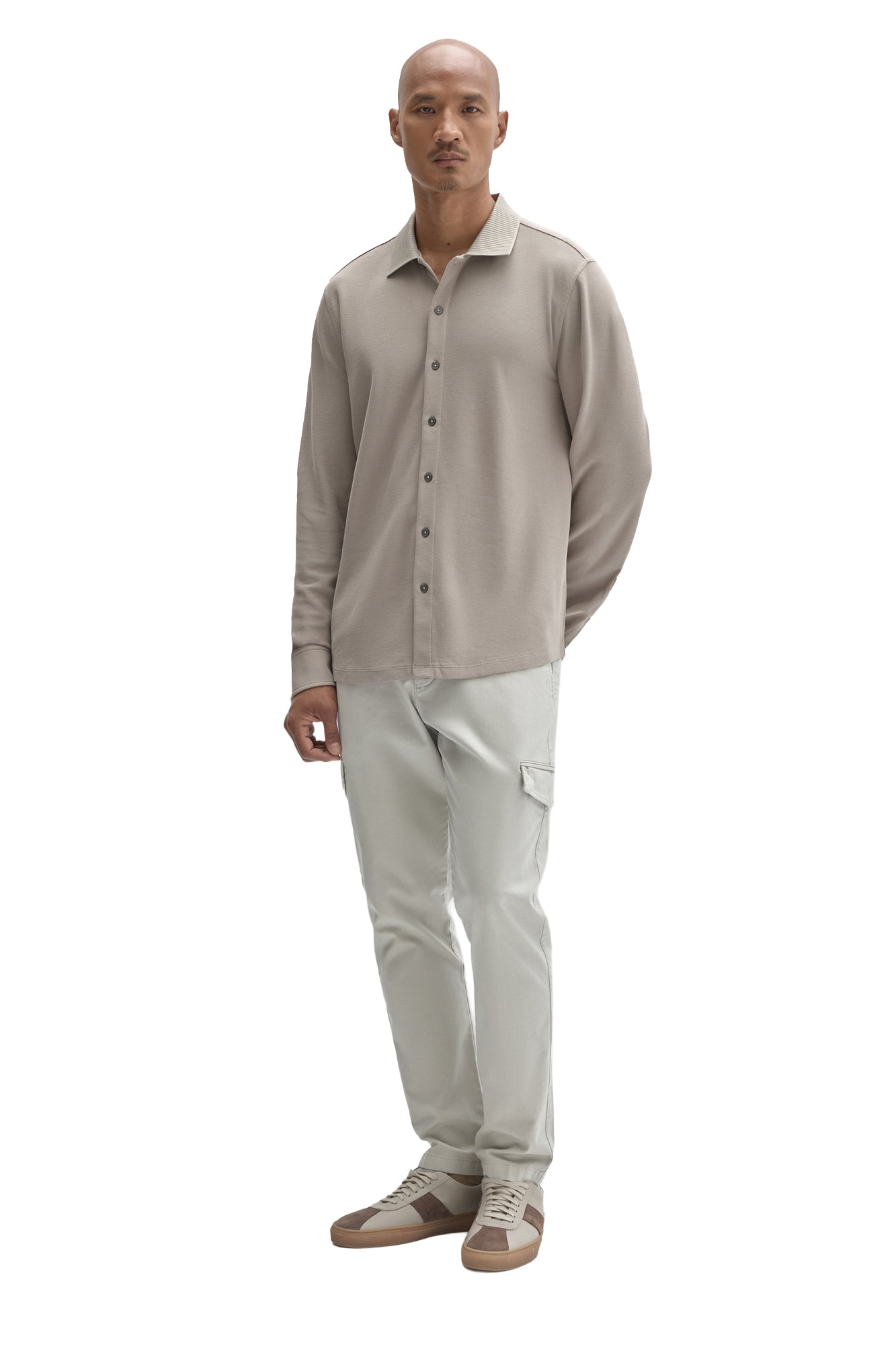 Robert Barakett men's full front view of a light taupe long sleeve knit button-front shirt with straight hem