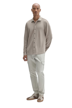 Robert Barakett men's full front view of a light taupe long sleeve knit button-front shirt with straight hem