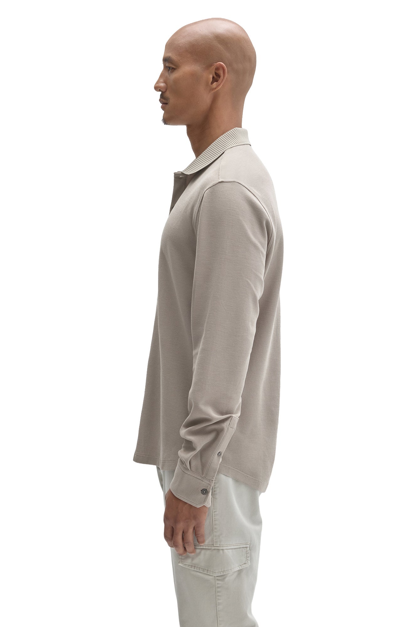 Robert Barakett men's light taupe long sleeve knit button-front shirt with ribbed collar and cuff shown from the side