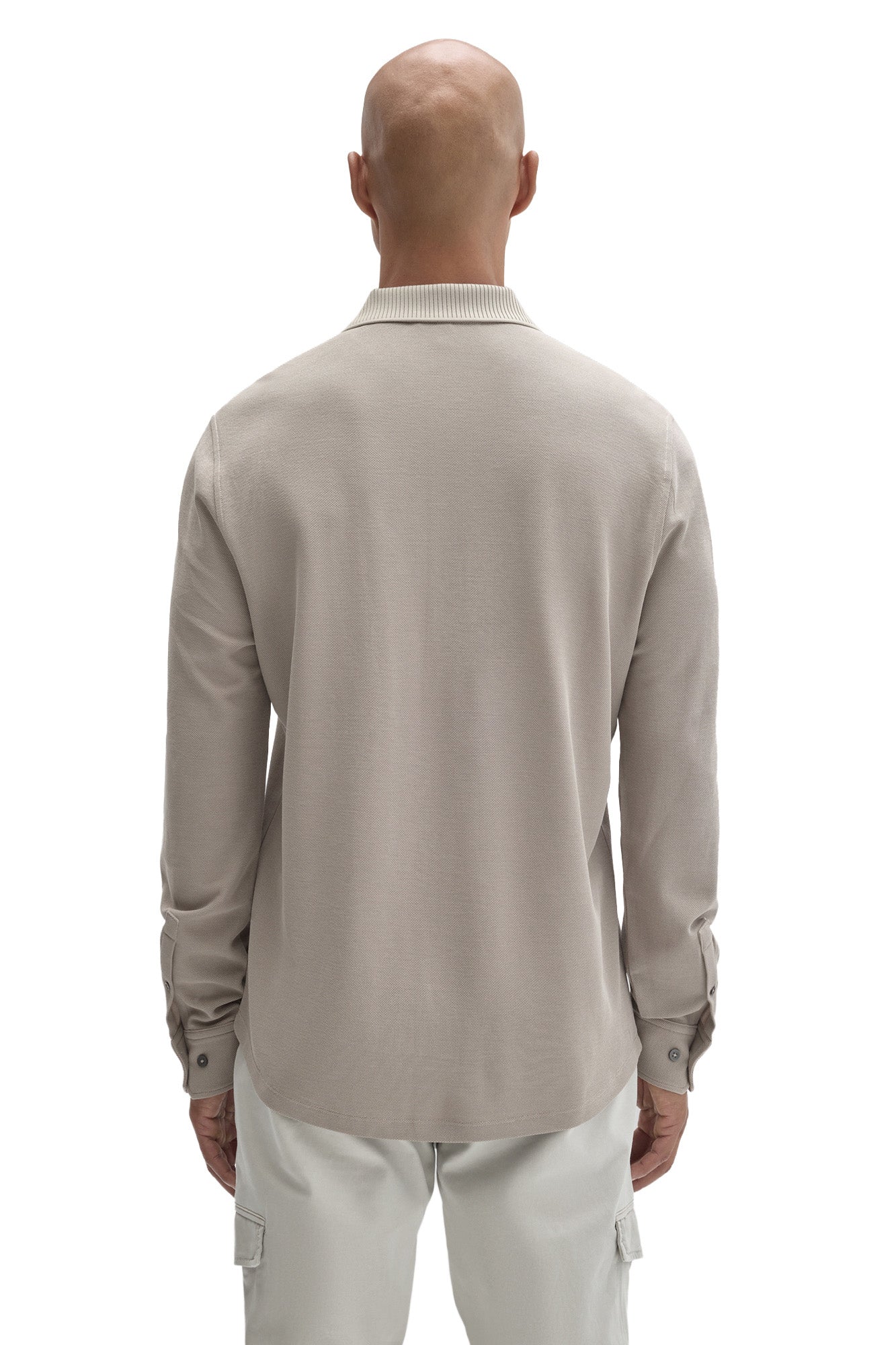 Robert Barakett men's light taupe long sleeve knit button-front shirt with ribbed collar and cuffs, back view