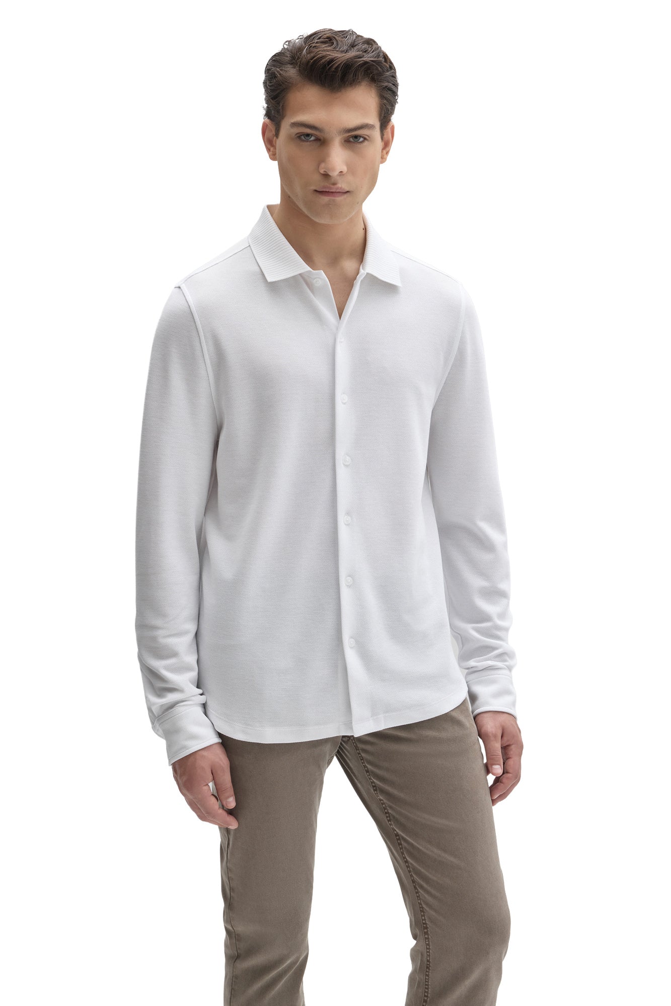 Front view of men's white long sleeve knit button-front shirt with ribbed collar by Robert Barakett