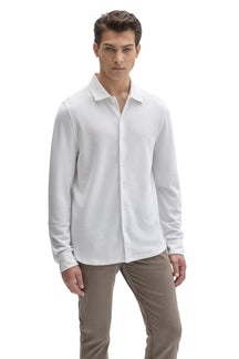 Front view of men's white long sleeve knit button-front shirt with ribbed collar by Robert Barakett