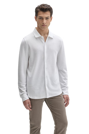 Front view of men's white long sleeve knit button-front shirt with ribbed collar by Robert Barakett