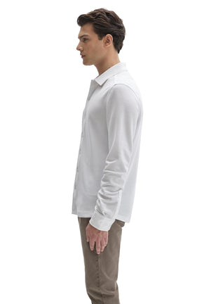 Robert Barakett men's white long sleeve knit shirt with button cuff and ribbed collar, side view