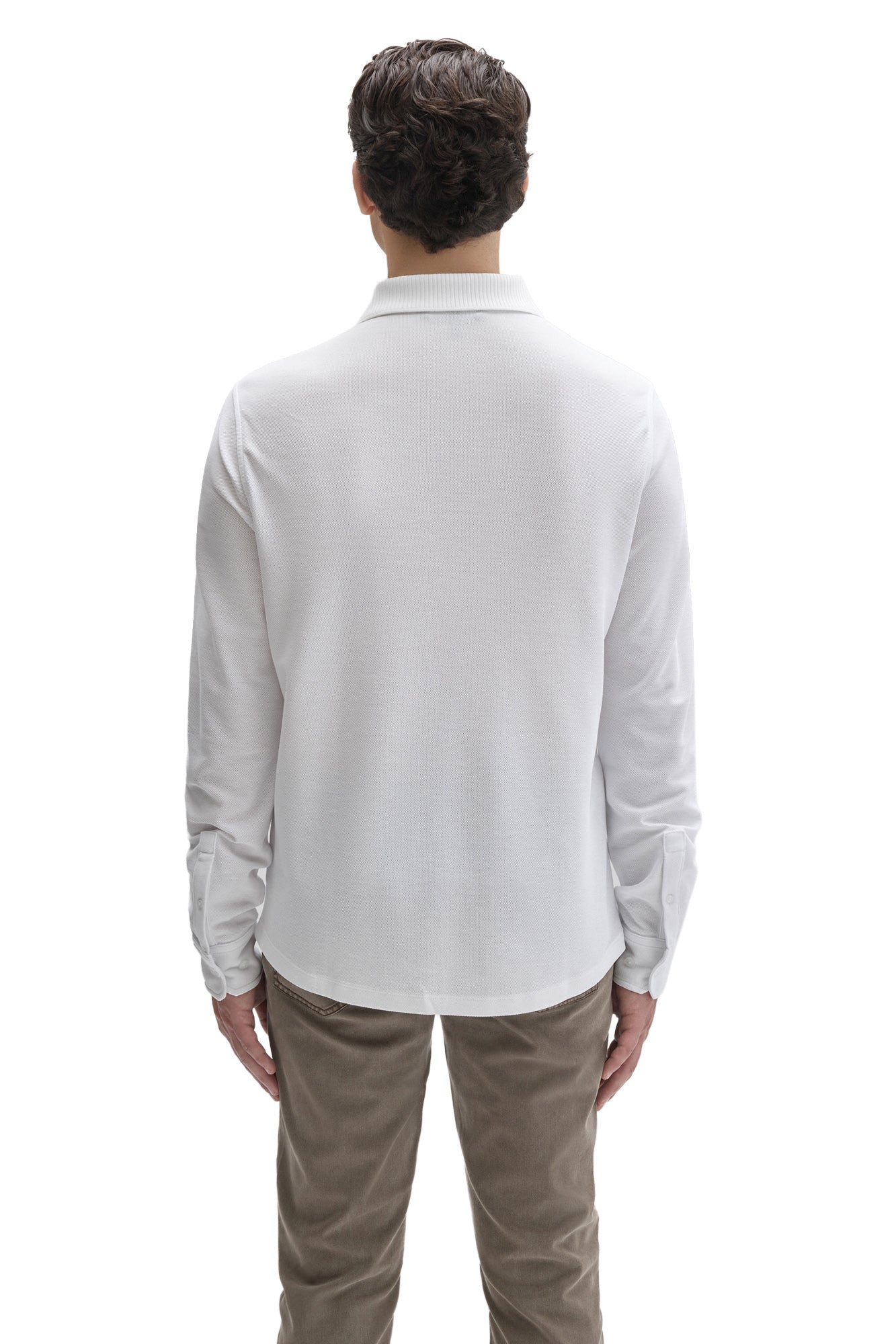 Robert Barakett men's white long sleeve knit shirt with ribbed collar and rounded back hem shown from the back