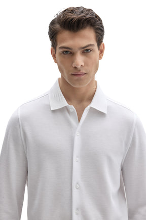 Robert Barakett men's white textured knit long-sleeve shirt with ribbed collar and tonal front buttons, close-up