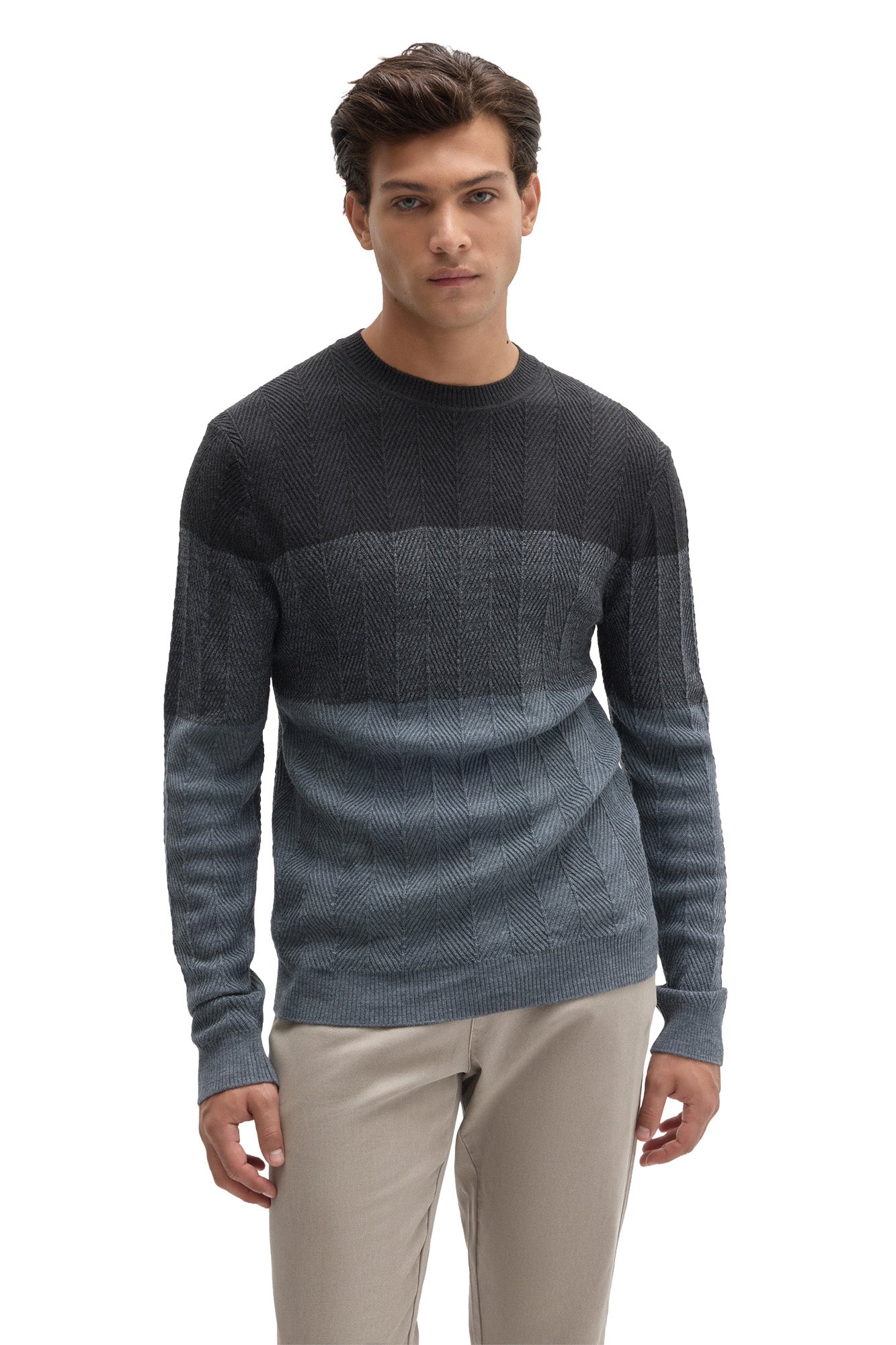 Robert Barakett men's charcoal and blue-gray crewneck knit long-sleeve knit sweater with ribbed hem and cuffs, front view