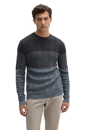 Robert Barakett men's charcoal and blue-gray crewneck knit long-sleeve knit sweater with ribbed hem and cuffs, front view