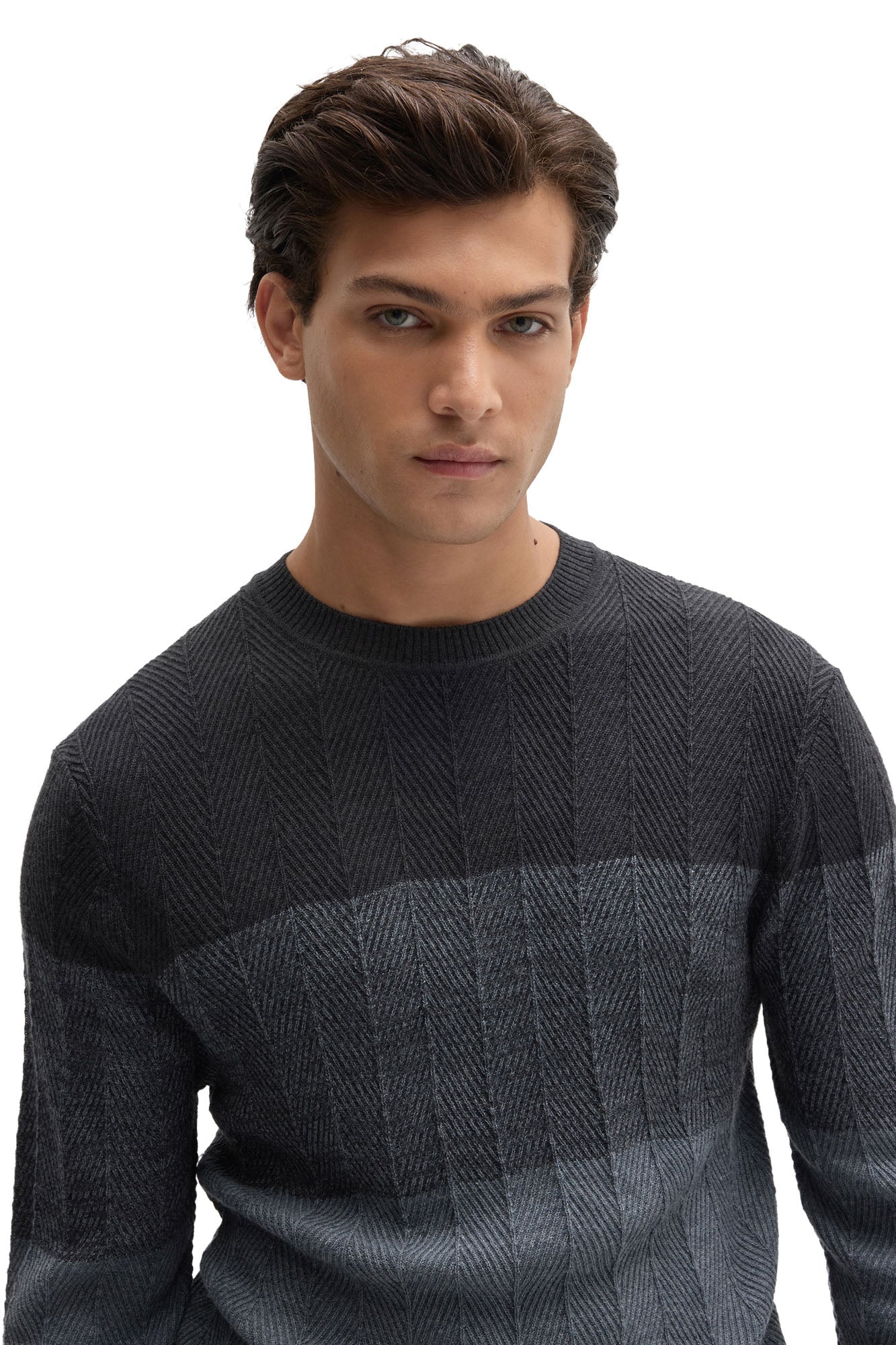 Robert Barakett men's close front detail of charcoal crewneck long-sleeve knit sweater with ribbed collar