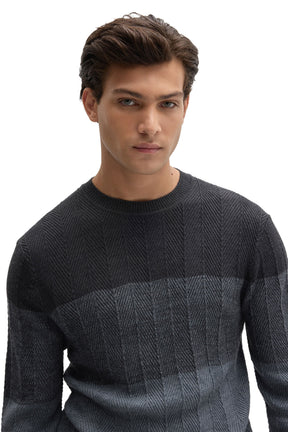 Robert Barakett men's close front detail of charcoal crewneck long-sleeve knit sweater with ribbed collar