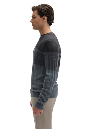 Robert Barakett men's charcoal and blue-gray crewneck knit long-sleeve knit sweater showing ribbed cuff, side view