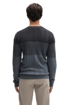 Robert Barakett men's charcoal and blue-gray crewneck knit long-sleeve knit sweater with tonal bands shown from the back