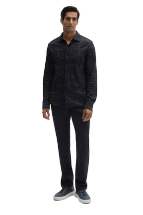 Robert Barakett men's full front view of dark navy long sleeve knit shirt with collar, button front and tonal check pattern