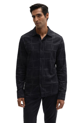 Robert Barakett men's dark navy long sleeve knit shirt with full button front and tonal abstract check pattern, front view