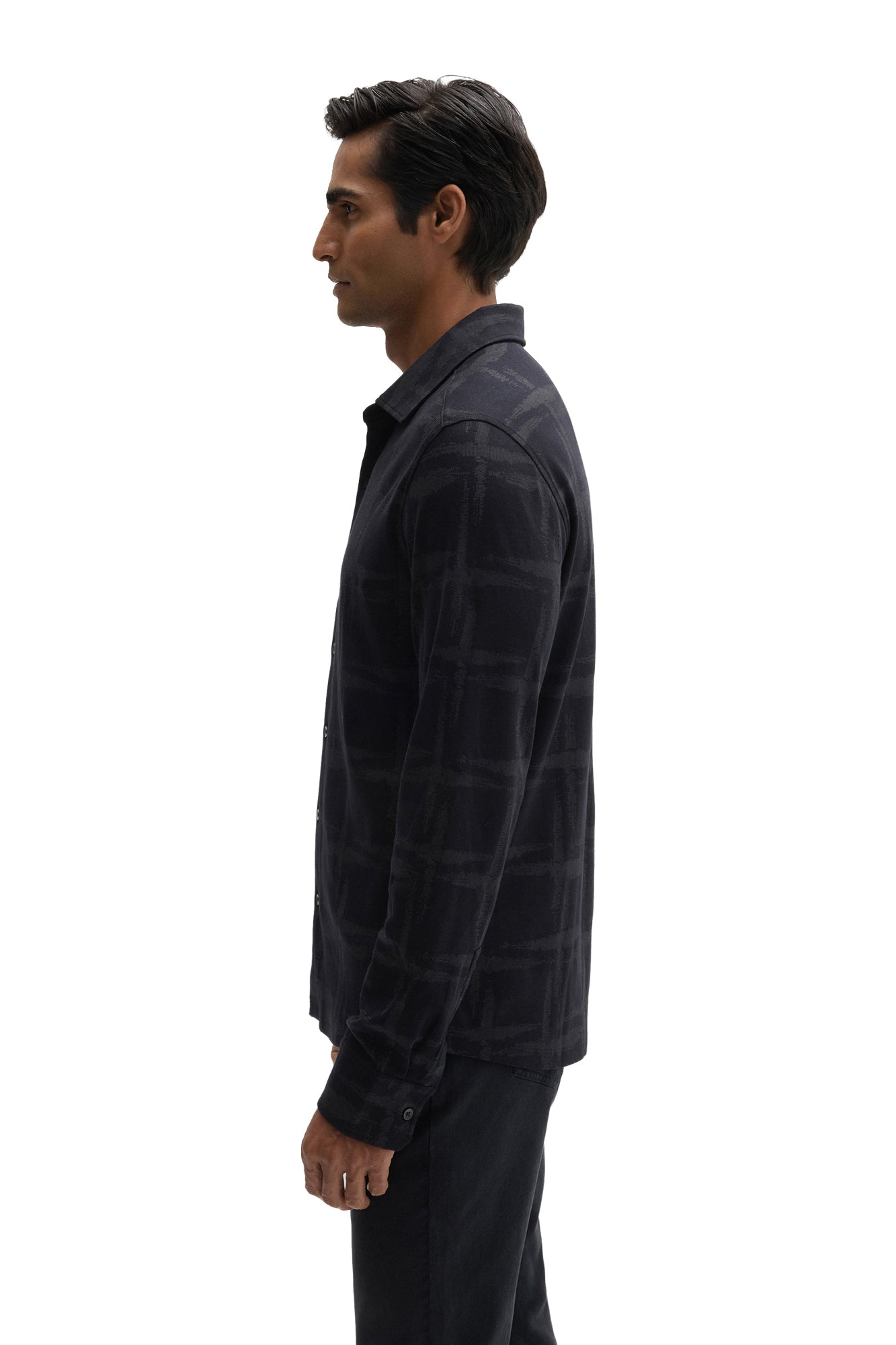 Robert Barakett men's dark navy long sleeve knit shirt with spread collar and tonal check texture shown from the side