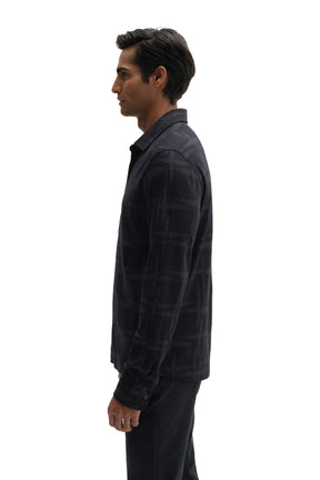 Robert Barakett men's dark navy long sleeve knit shirt with spread collar and tonal check texture shown from the side