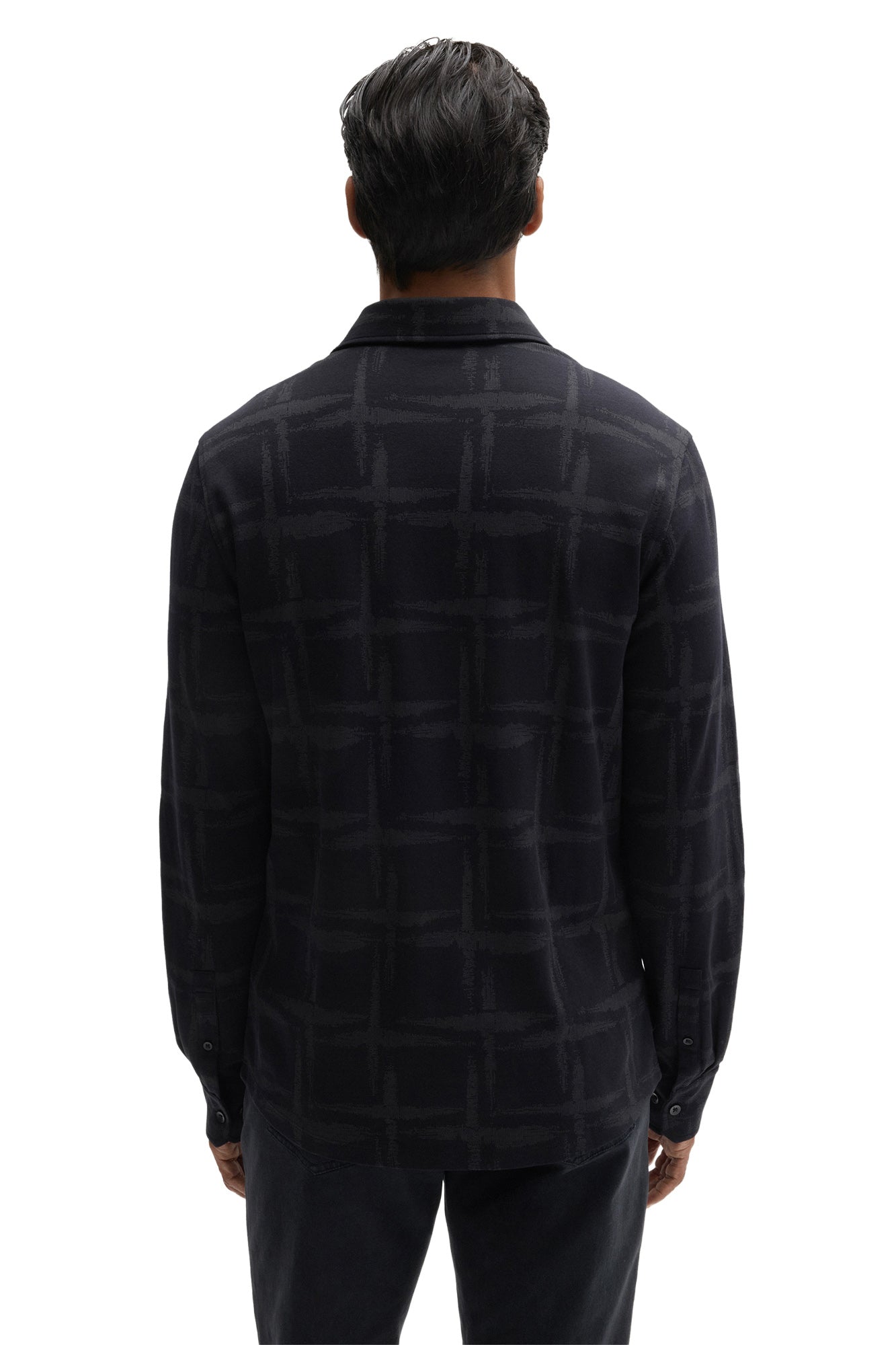 Robert Barakett men's dark navy long sleeve knit shirt with tonal abstract check pattern and button cuffs, back view